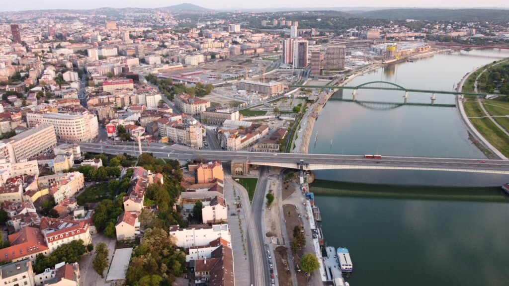 Aerial view of the Belgrade Branko bridge spanning the Sava River in Serbia