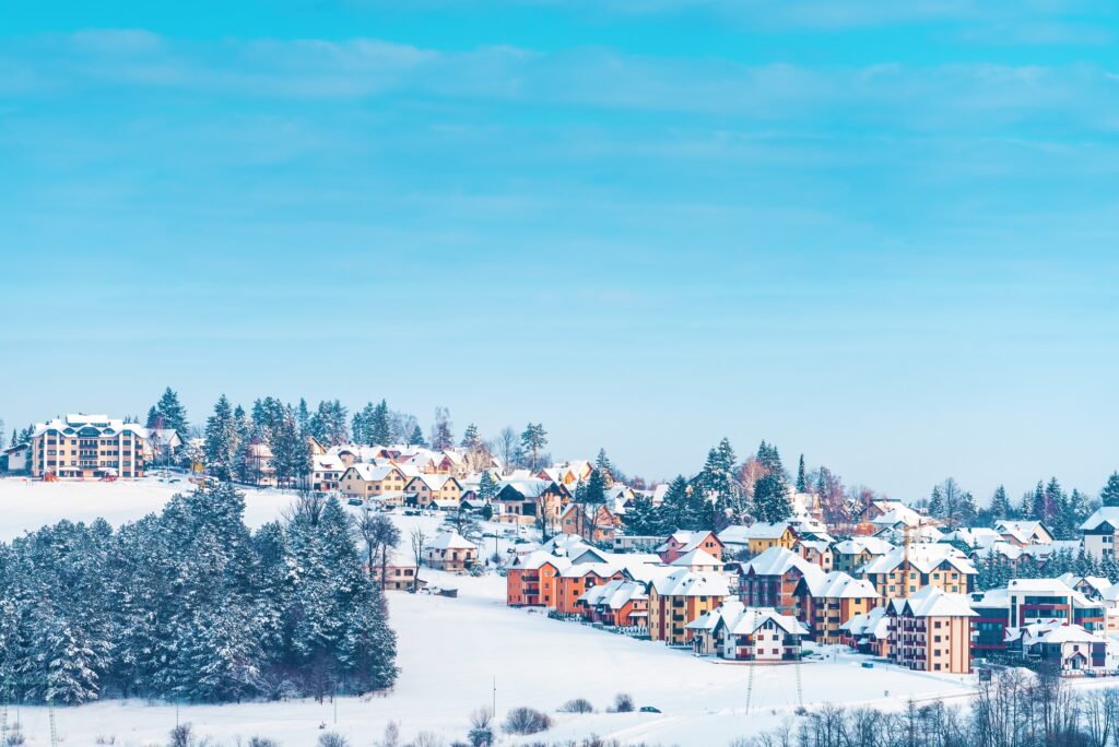 Beautiful Zlatibor landscape in winter with colorful houses and evergreen pine trees on hill in snow